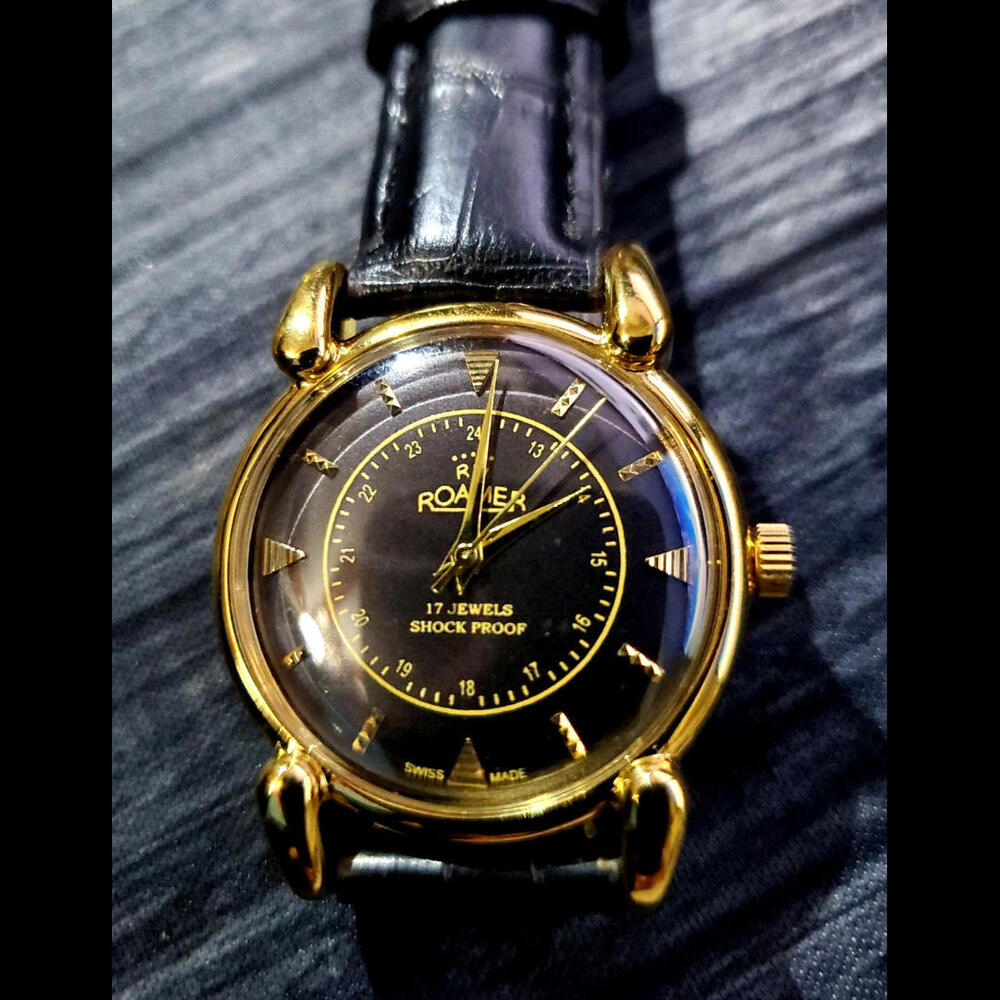 Rare‎ Roamer Mechanical Mens Swiss Watch Serviced Gld-Blk-Blk